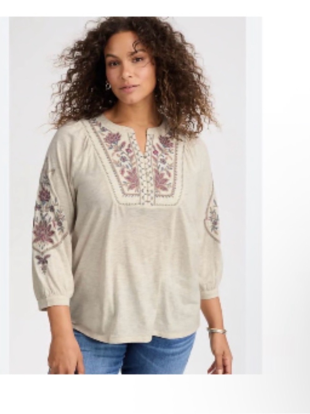 J. Jill Cream Embroidered Boho Tunic with Mauve & Slate Accents